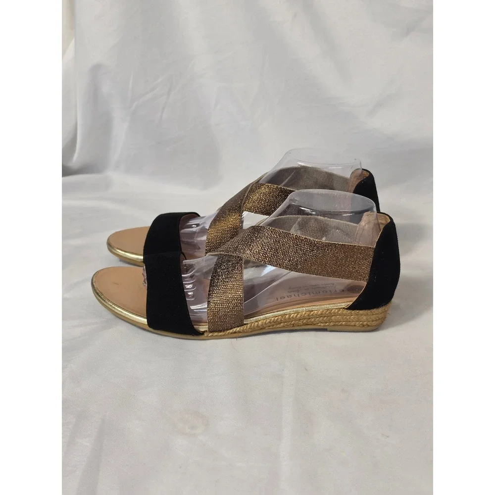 Eric Michael Spain Handmade BLK Suede Bronze Metallic Espadrille Wedge Sandal 9